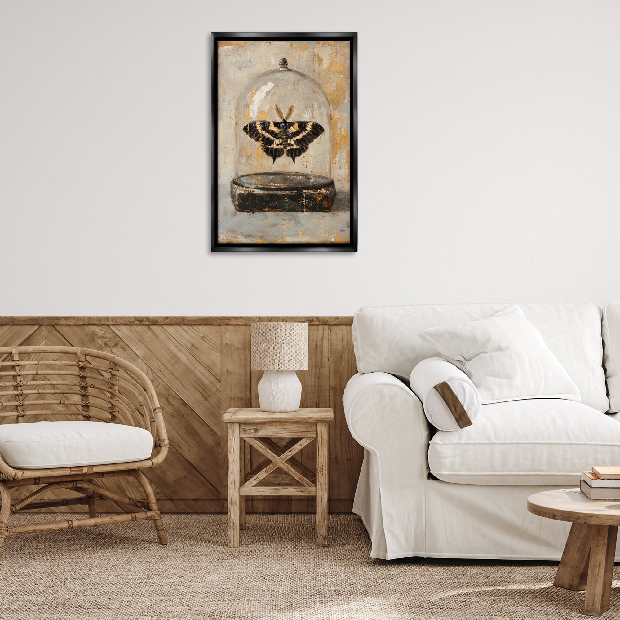 Stupell Industries Rustic Moth in Glass Animals Painting Black Floater Framed Canvas Art Print Wall Art, 21 x 31