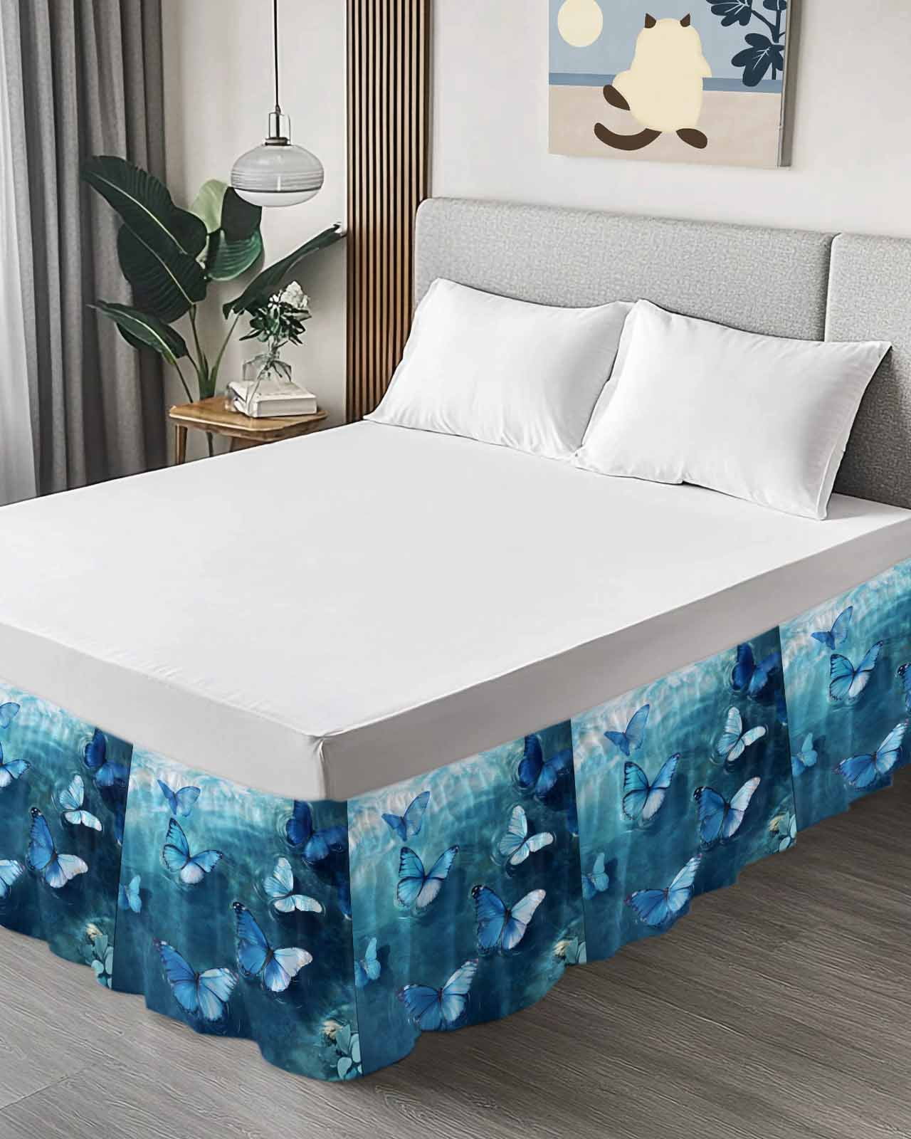 Blue Butterfly Wrap Around Bed Skirts for Queen Bed 16" Drop, Bed Skirt with Adjustable Elastic Belt Dust Ruffle Bed Valance for Bedroom Hotel Luxury Modern Elegant Water Ripples Bed Frame Cover