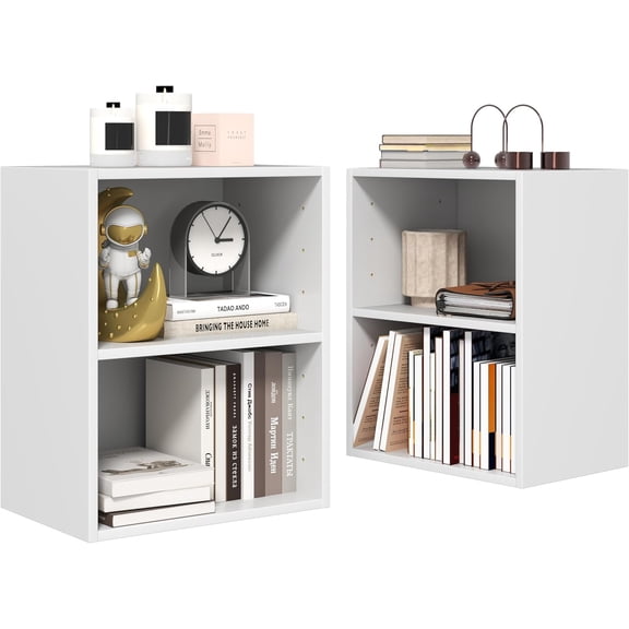 SAZYY 2-Tier Bookshelf, Open Shelf Bookcase with 7-Position Adjustable Shelf, Multifunctional Wooden Cubby Storage Display Shelf for Home Office Study Living Room, White 2