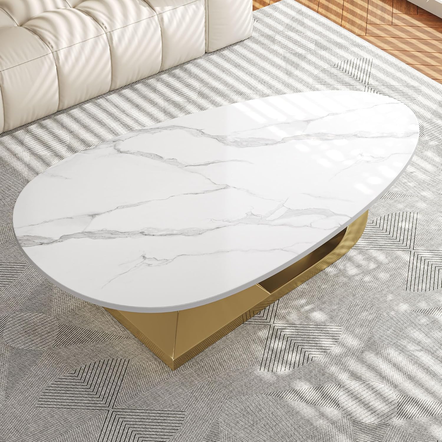 Tabaray Modern Oval Coffee Table Luxury Sintered Stone Top Coffee Table with Sculptural Geometric Stainless Steel Base,Mid-Century Marble Grain Center Table for Living Room,Gold