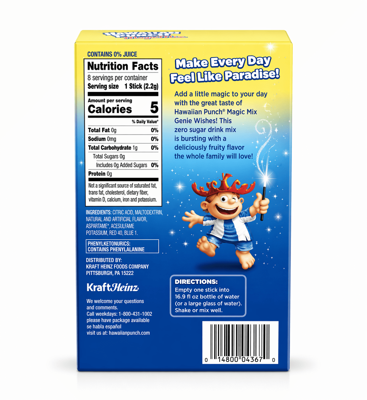 6x Hawaiian Punch Magic Mix Genie Wishes Go Singles Drink Mix Water Beverage 8 Sticks Per Pack Sugar Free