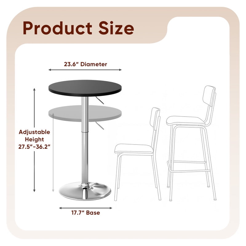 Lacoo 23.6" Adjustable Round Bistro Pub Table, Swivel Pub Table with Metal Base for Home Bar, Kitchen, Dining Room, Black/Sliver