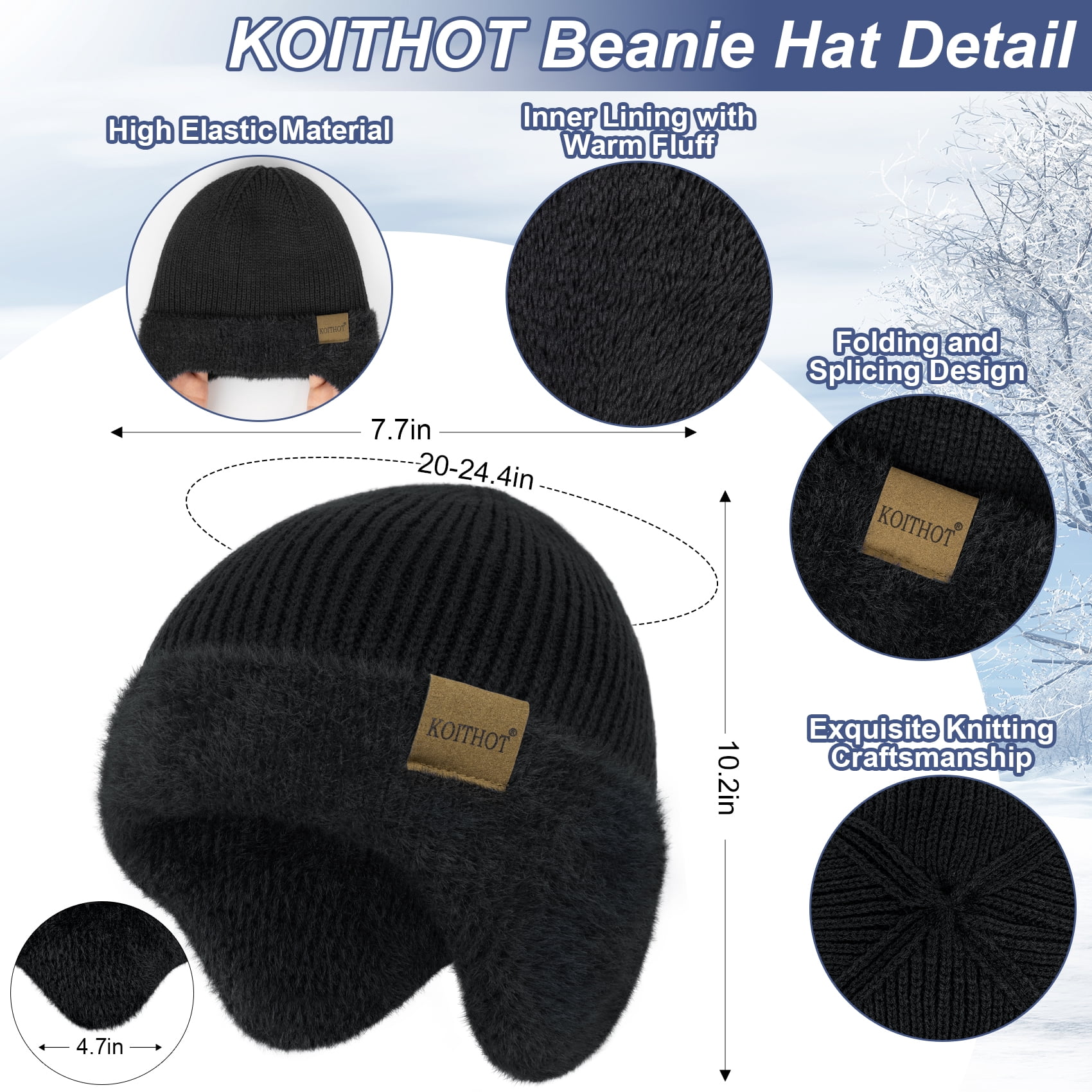 KOITHOT 3 Pcs Winter Beanie Hat with Ear Flaps Knitted Neck Warmer Touchscreen Gloves Set for Men Black
