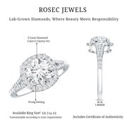 Rosec Jewels IGI Certified Lab Grown Diamond Engagement Ring 3 Carat - E-VS1 Quality Diamond Halo Ring for Women, 925 Sterling Silver, US 7.50