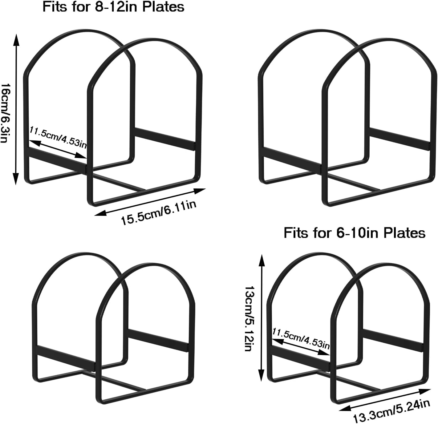 SUNFICON 4 Pack Plate Holder Organizer Large Dish Storage Rack Upright Dish Drying Racks Metal Plate Dish Racks Stand for Cupboard and Countertop-Non-Slip & Rustproof Black,2 Large and 2 Small