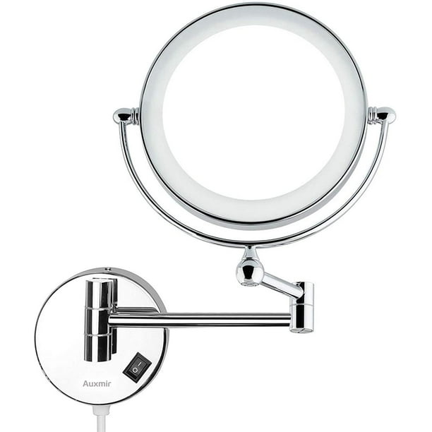 Espejo de maquillaje de pared con luz LED, espejo de aumento (5X/1X), espejo de baño iluminado, espejo cosmético redondo con brazo extensible, giratorio 360° y maniobrable para maquillaje y cuidado
