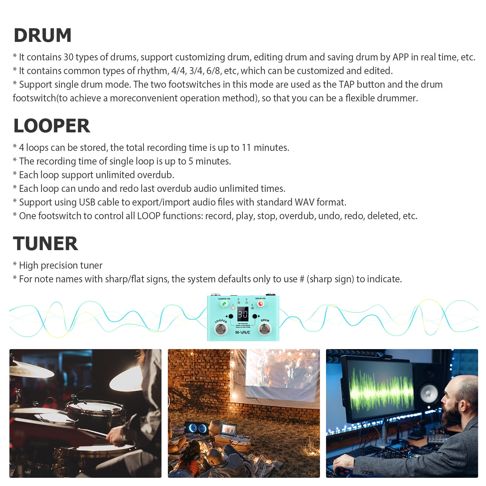 M-VAVE LOST TEMPO Effect Pedal Drum & Looper Effector Mini 2-in-1 Looper & Drum Machine Double Footswitch Looper Pedal Looper Guitar Pedal 30 Drums & 4 Loops High Precision Tuner