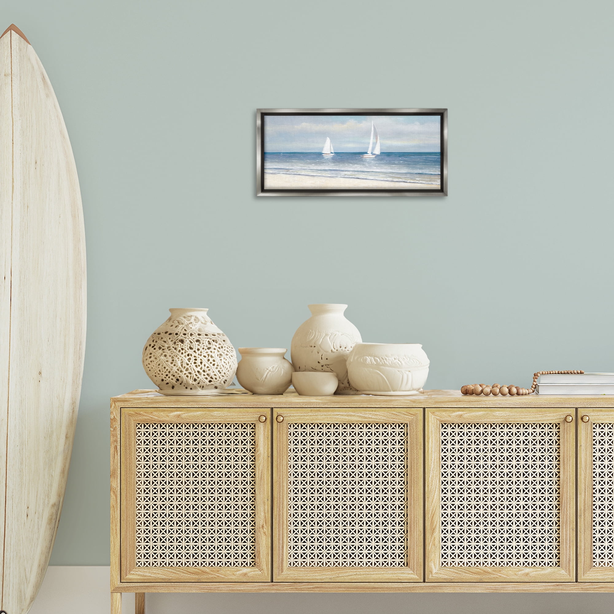 Stupell Industries Sooth Sailboats View Nautical & Beach Painting Gray Floater Framed Canvas Art Print Wall Art, 25 x 11