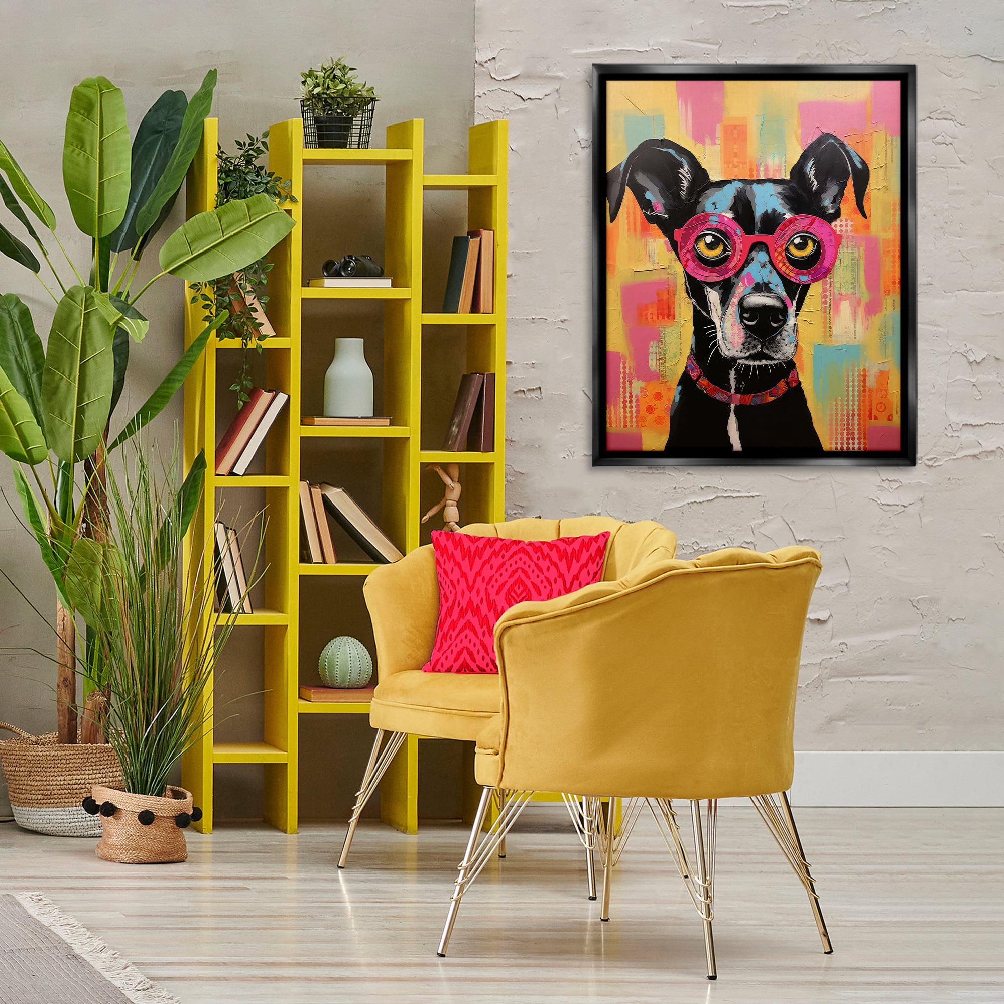 Stupell Industries Dog with Fun Glasses Animals Painting Black Floater Framed Canvas Art Print Wall Art, 25 x 31