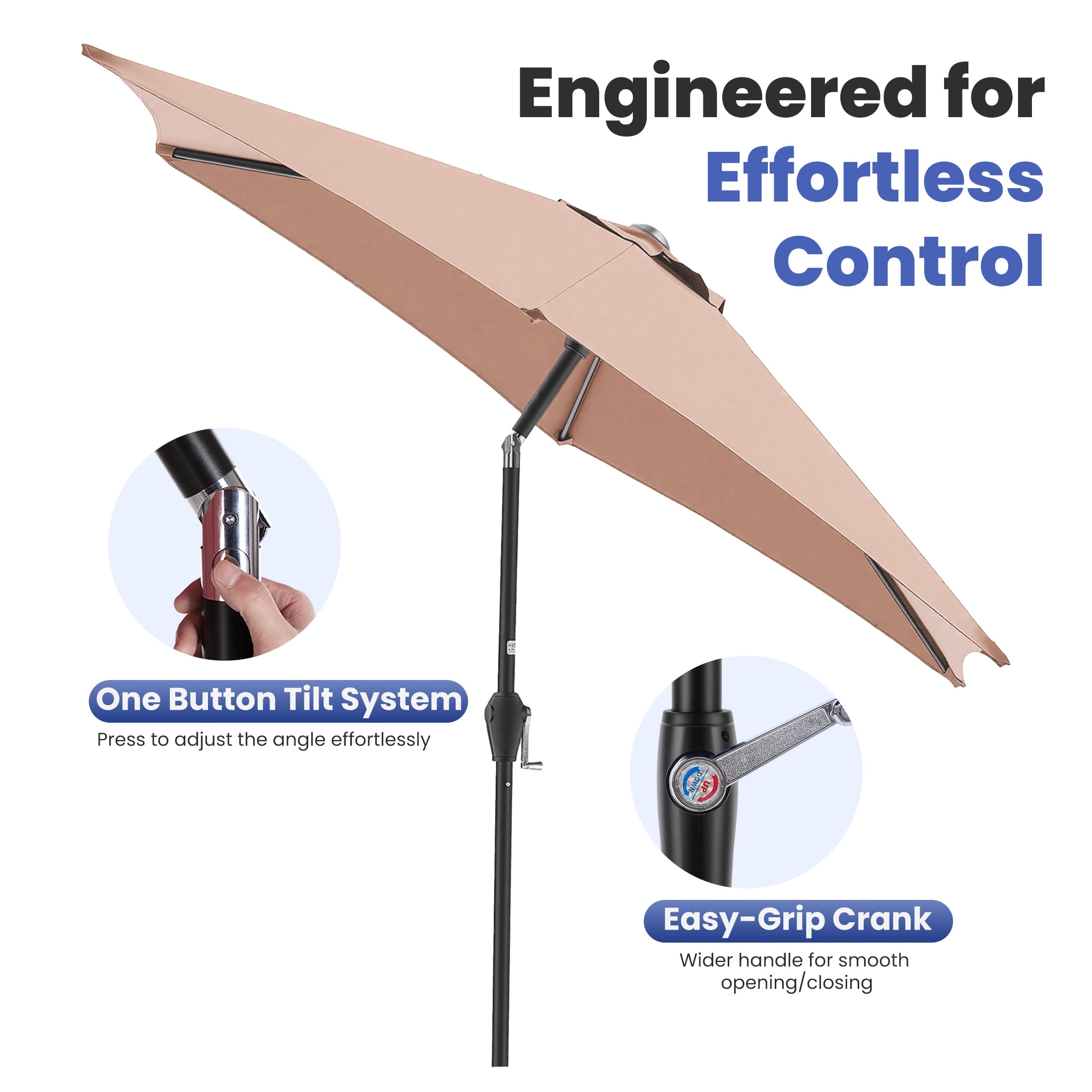 EdX 7.5 FT Outdoor Patio Umbrella, 6-Rib Market Umbrella with Adjustable Tilt and Ventilation Top, UV15+ & Waterproof 180G Polyester Canopy for Patio, Garden and Poolside ,Brown