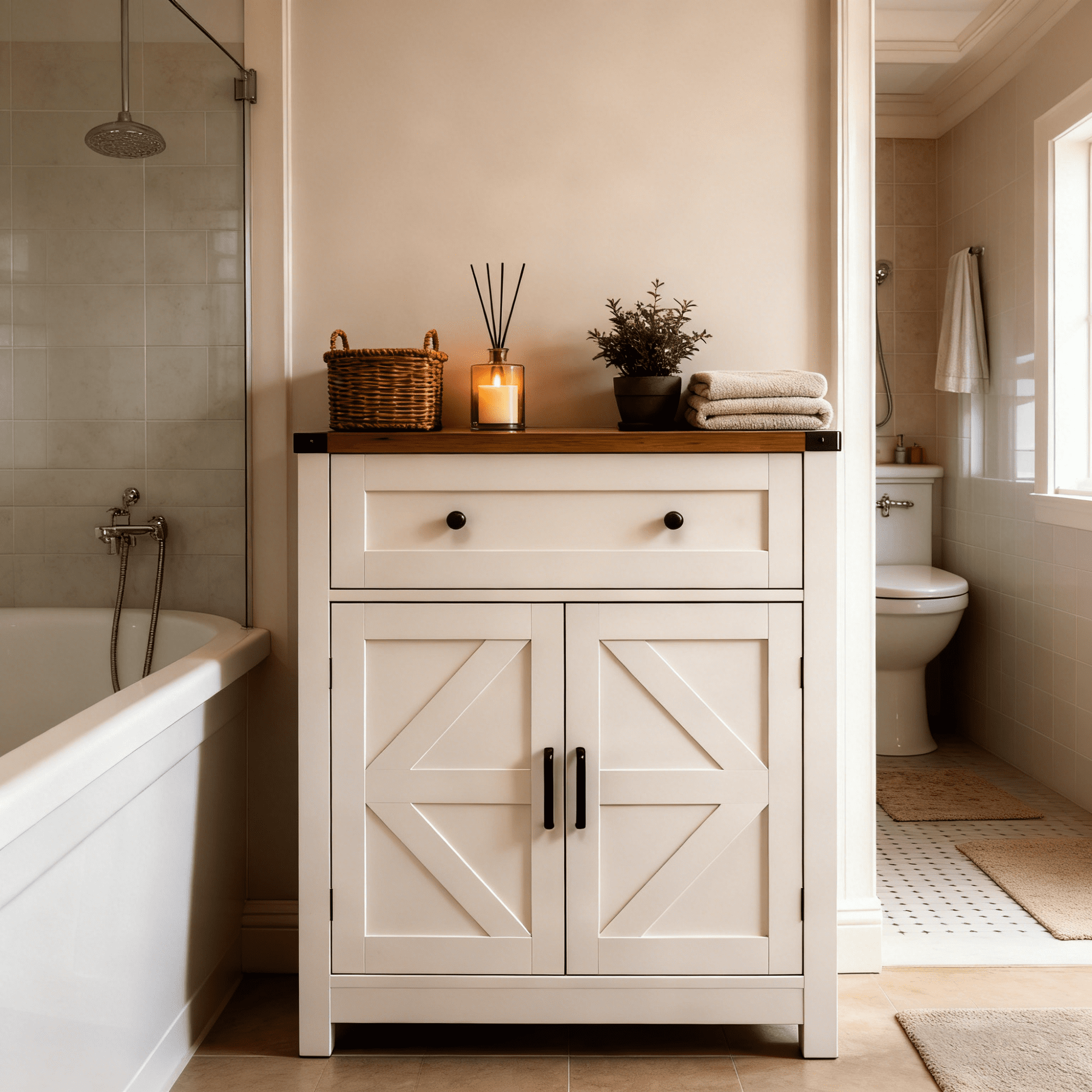 Leumius Farmhouse Barn-Door Storage Cabinet, Coffee Bar Buffet Sideboard with Drawer for Kitchen & Living Room White