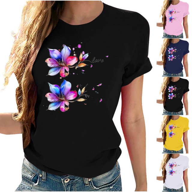 CFLVAEK Cadeaux pour le Cancer du Sein T-Shirts de Sensibilisation au Cancer du Sein T-Shirts Graphiques à Fleurs Roses T-Shirt à Manches Courtes Confortable Col Rond Décontracté