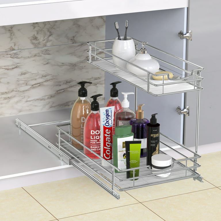 Drawout Cabinet Organizer, Sliding Under Sink Storage Shelf with 2 Tier  Sliding Wire Drawers - 16.5W x 12.3D x 14.5H - Minimum 17 Cabinet Opening  Required 