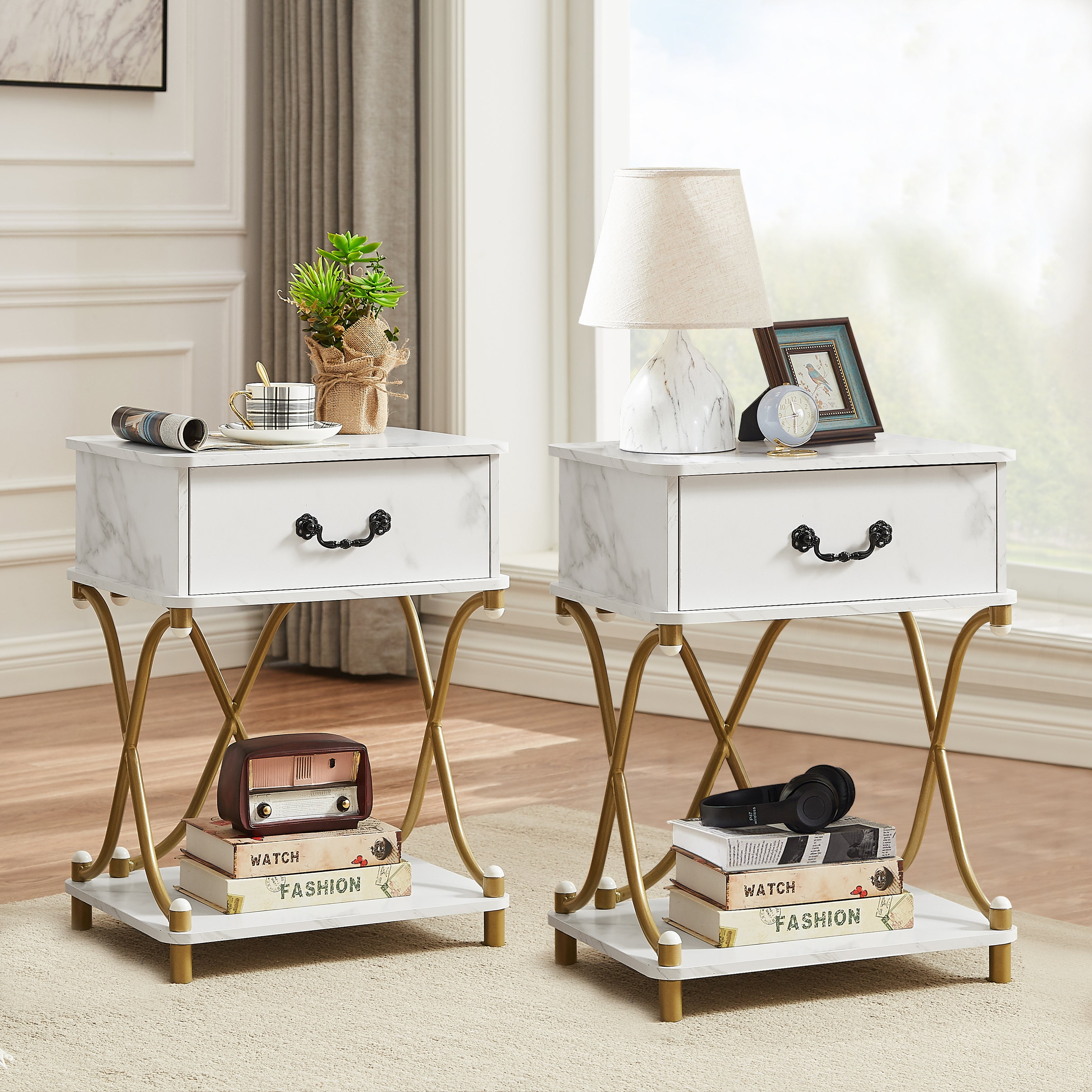 VECELO Set of 2 Bedside/End Table with Storage Shelf, 3Tier Modern X