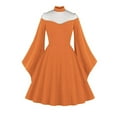 thumbnail image 2 of Elainilye Fashion Women Dress Retro Court Style Hallow Casual Dress Mock Neck Soild Long Sleeve Dress,Orange, 2 of 7