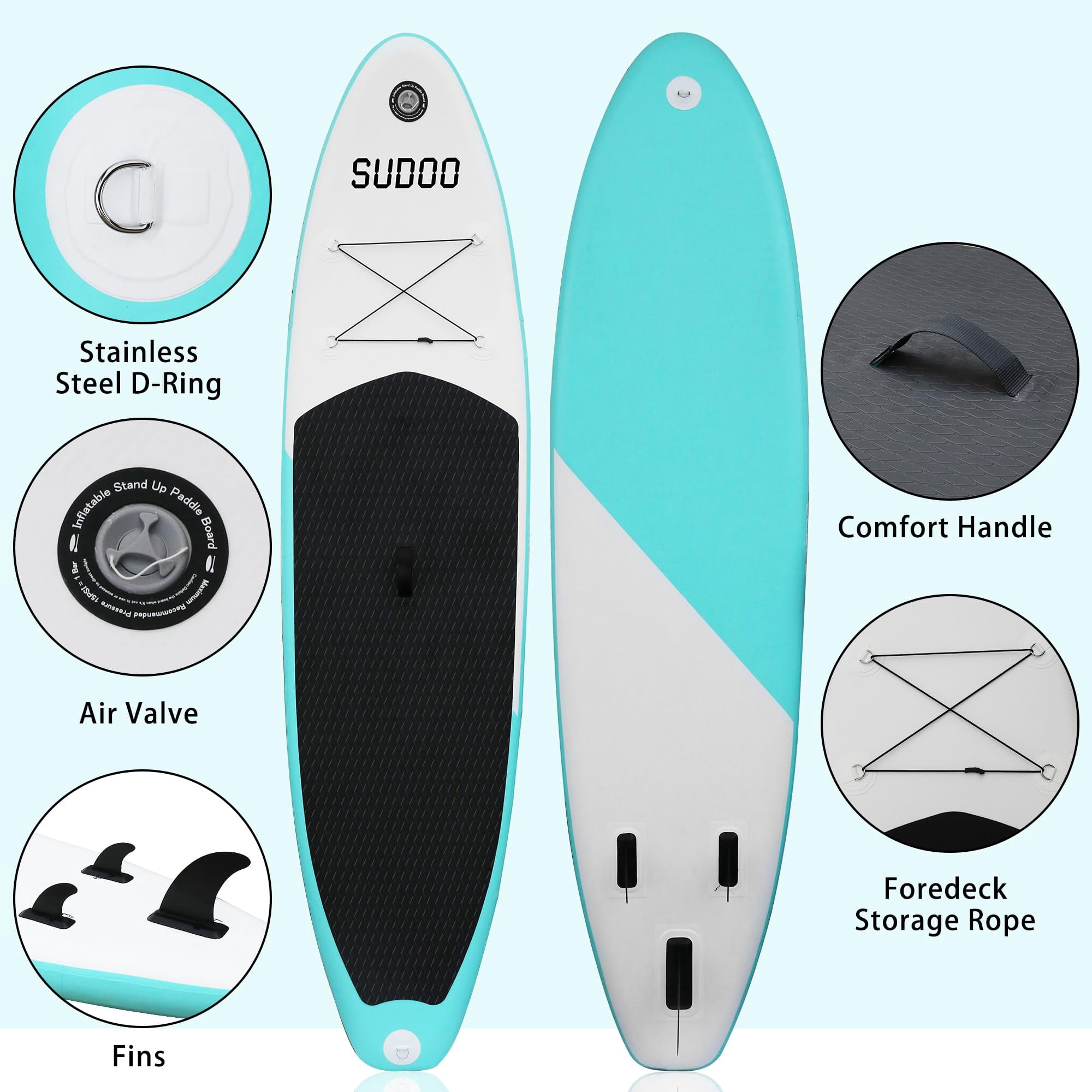 SUDOO Inflatable Stand Up Paddle Board 10‘x30‘‘, Ultra-Light SUP Board with Backpack, Pump, Paddle, Coil Leash, 3 Fins, Repair Kit, Stable SUP with Non-Slip EVA Deck for Adults & Youth