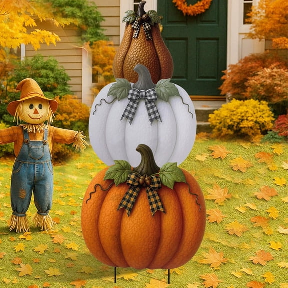 Metal Stacked Pumpkin Garden Stakes Outdoor 3D Retro Pumpkin Decoration Fall Yard Lawn Signs for Autumn Harvest Holiday Pathway Patio Decor