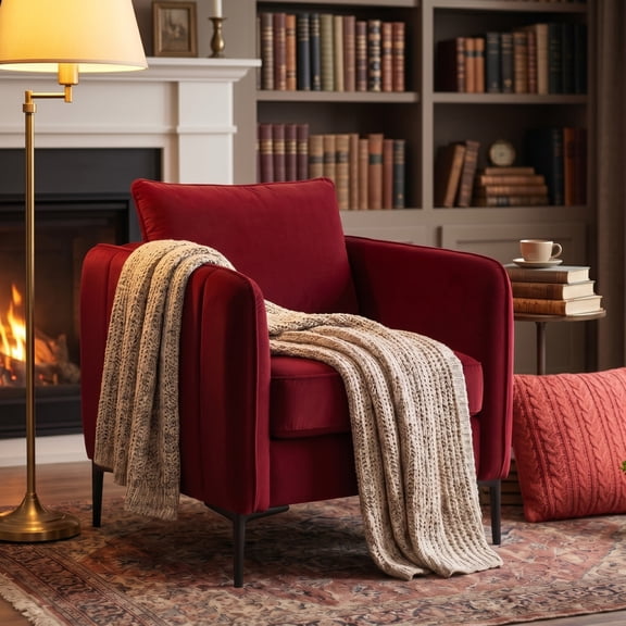 Accent Chair for Living Room, Velvet Comfy Single Sofa Chair Mid-Century Modern Armchair with 1 Pillow and Metal Legs for Bedroom Office Reading