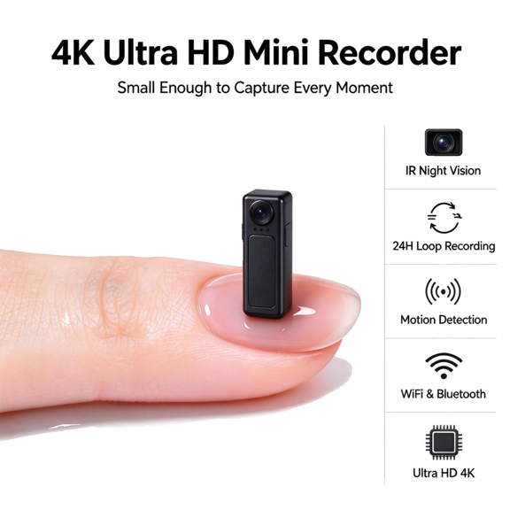 4K Ultra HD Portable Personal Video Recorder, Mini Wearable Recording Camera with IR Night Vision, Motion Detection, 24H Loop Recording, WiFi & Bluetooth, Compact Indoor Monitoring Cam for Home & Dai