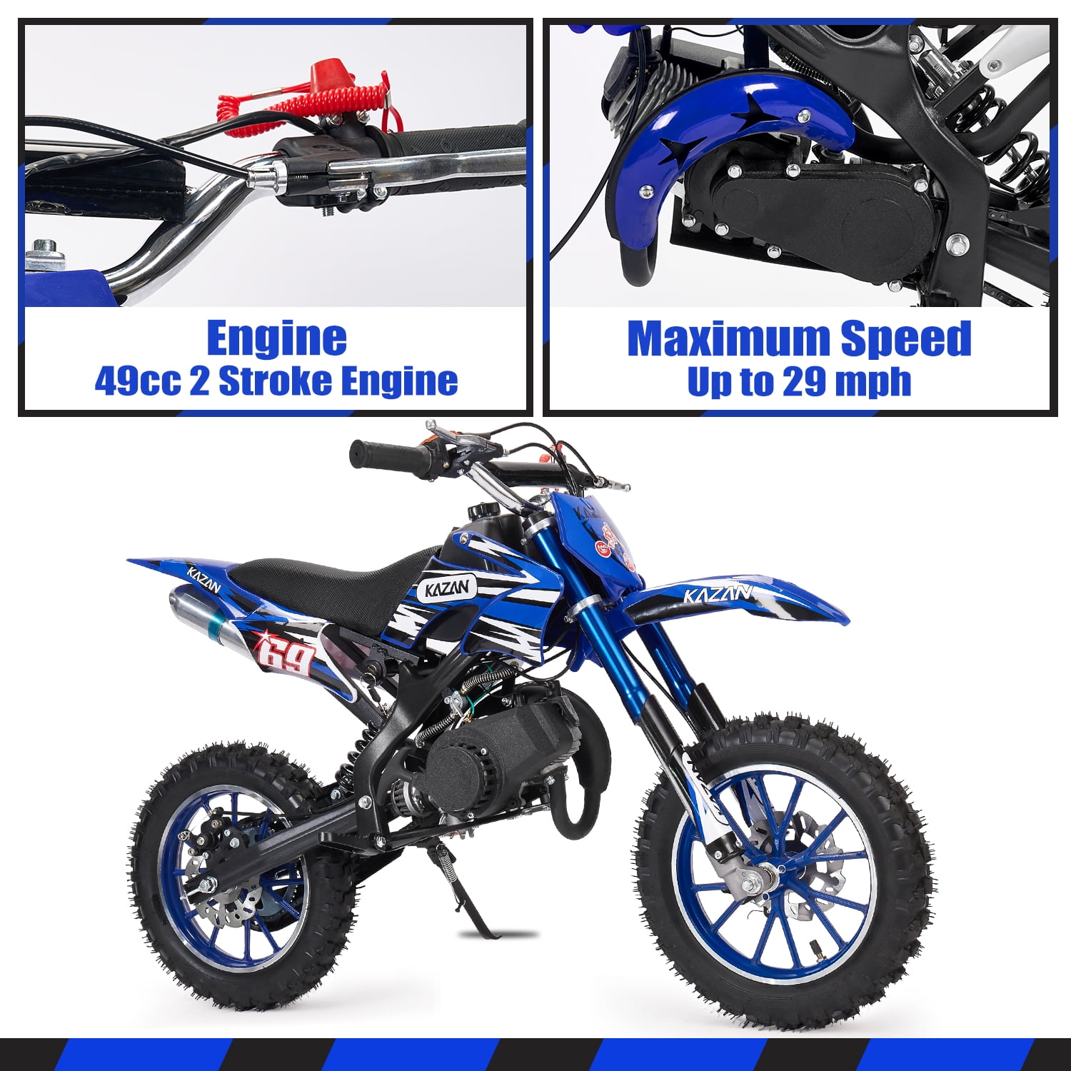 49cc Mini Dirt Bike Pit for Kids 2-Stroke off Road Gas Motorcycle for 10" Wheels(Blue)