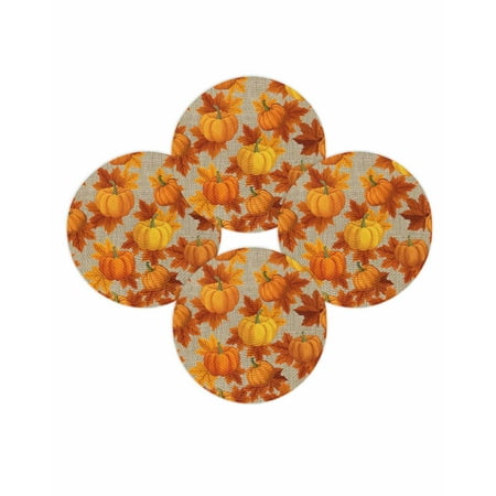 Fall Round Placemats Set of 4 Orange Pumpkin Place Mats Thanksgiving Woven Placemat Harvest Autumn Maple Leaf Linen Circle Braided Table Mat for Kitchen Dining Table Autumn Party Home Decor 15 Inch