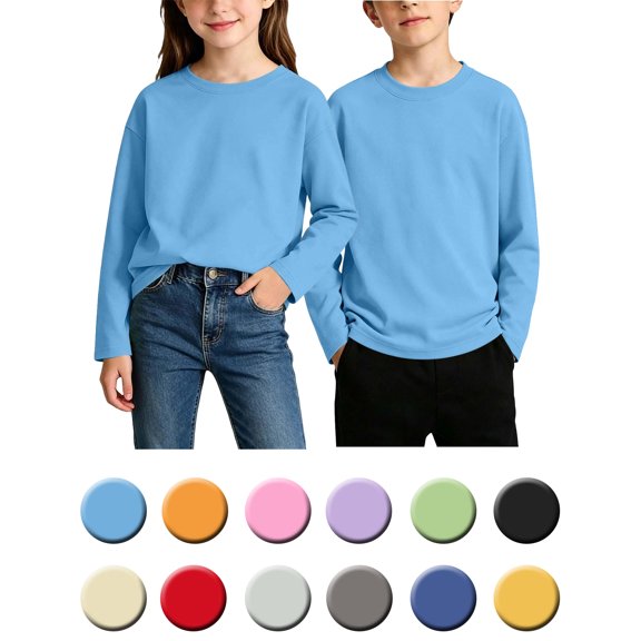 Kids Solid Color Round Neck Long Sleeve Top, Casual Pullover Base Shirt for Boys Girls 2-13 Years