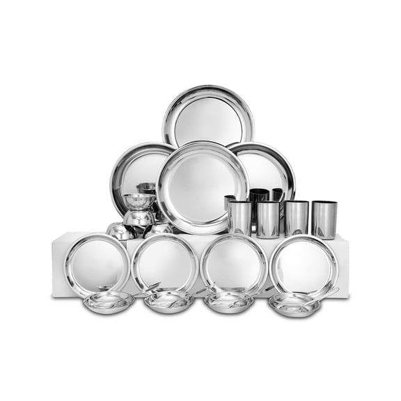 Stainless Steel Delight Solid Dinner Set Of 24 Pieces, Silver | 4 Dinner Plates  4 Side Plates  4 Glasses  4 Bowls  4 Pudding Bowls  4 Dessert Spoon