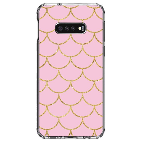 DistinctInk Clear Shockproof Hybrid Case for Samsung Galaxy S10e (5.8" Screen) - TPU Bumper, Acrylic Back, Tempered Glass Screen Protector - Pink & Gold Print - Scalloped Pattern