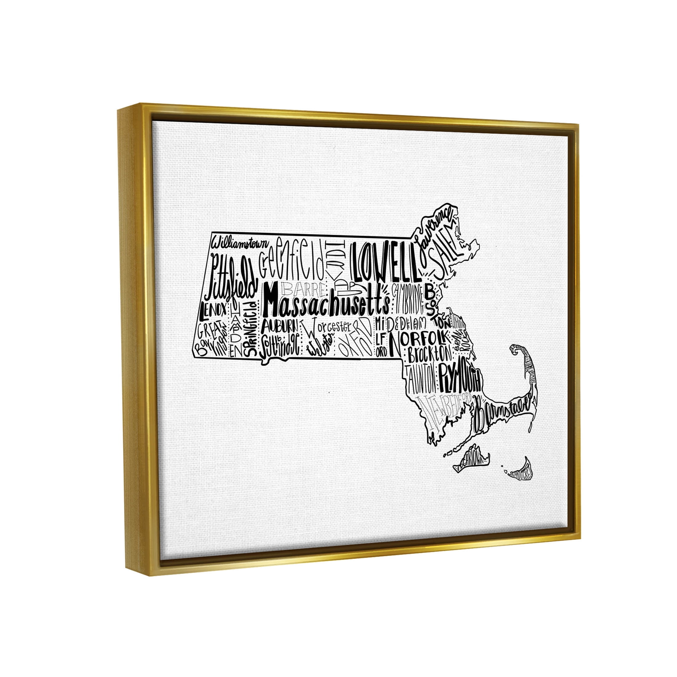 Stupell Industries Massachusetts State Cities Typography Graphic Art Metallic Gold Floating Framed Canvas Print Wall Art, Design by The Saturday Evening Post