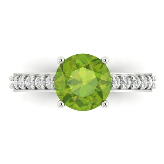 2.3 ctw Solitaire with Zirconia Diamond Accents Anniversary Ring for Women | Round Cut Natural Peridot | Hyperallergenic Solid 14K White Gold