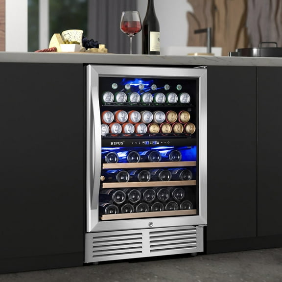 24 Inch 94 Can and 27 Bottle Dual Zone Wine & Beverage Refrigerator Freestanding Built-in Beer and Drink Cooler with Glass Door For Kitchen, Bar or Office Classic Series