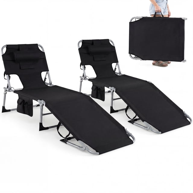 Gymax Set of 2 Beach Chaise Lounge Chair Folding Reclining Chair w/ Facing Hole Black