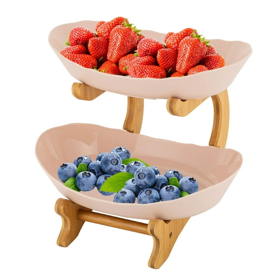 2 Tier Fruit Bowl for Kitchen Counter,Fruit Basket, Fruit Basket for Kitchen, Decorative Fruit Stand for Vegetables & Snacks (Plastic, Khaki) Fruit Serving Tray