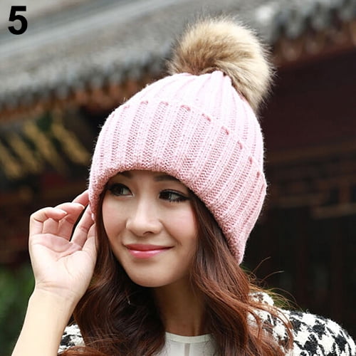 Women's Warm Winter Wool Knit Beanie Cap Ski Hat Pom Crochet Hat 