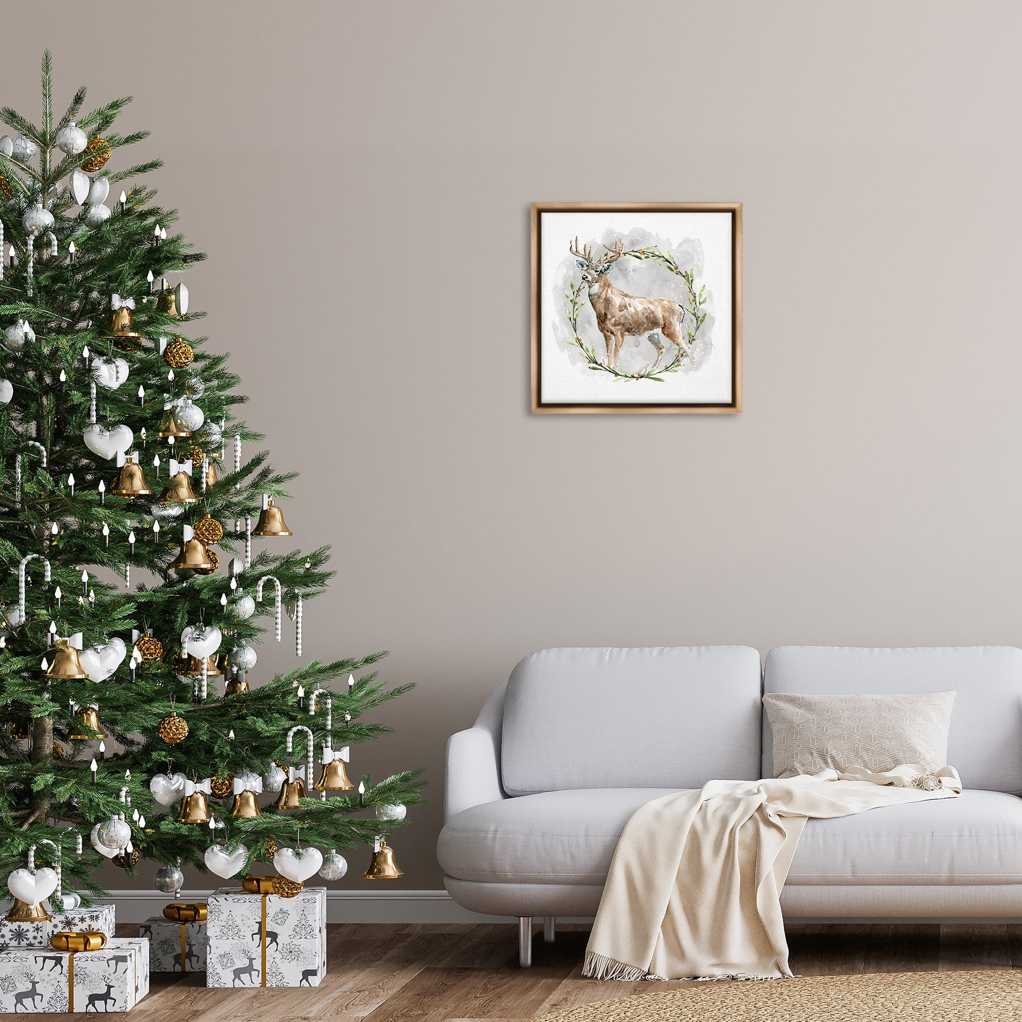 Stupell Industries Rustic Deer with Wreath Animals & Insects Painting Brown Floater Framed Canvas Art Prints Wall Art, 25 x 25