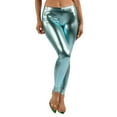 thumbnail image 5 of OFENTI Metallic Shiny Leggings - Mid Waist Faux Leather Footless Tights Pants Wet Look Skinny Glamour Blue Small, 5 of 6