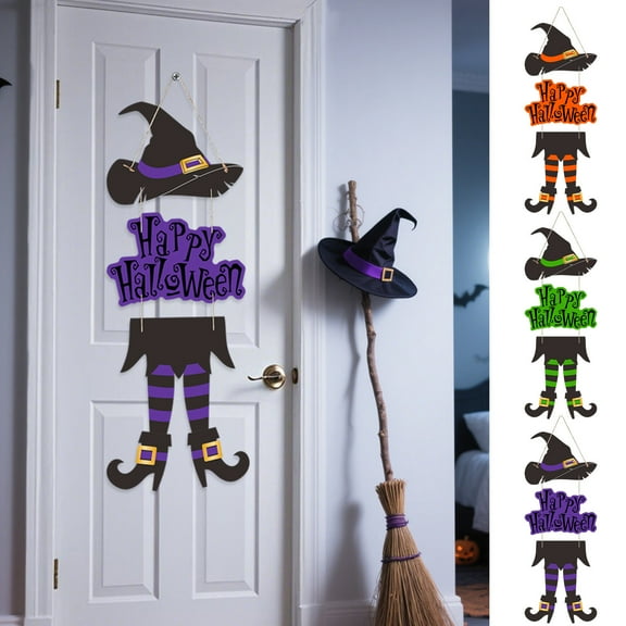 AYktou Halloween Witch Leg Decoration Hanging Pendant, Ghost Festival Hat Tag Ornament, Paper Decor Version Front Door Wall Pendant for Home Room Indoor Outdoor Holiday Party Supplies, Purple