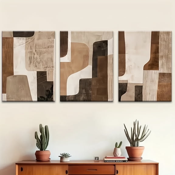 3pcs Of Wooden Framed Wall Art, Brown And Beige Neutral Abstract Wall Art Aesthetic Canvas Printing Mural, Creative Art Design, Ideal Gift For Living Room, Bedroom, Office Decoration,