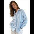 thumbnail image 1 of Camisas de Mujer con Botones, Blusas Clásicas A Rayas de Larga con Cuello y Bolsillo para Oficina Azul M, 1 of 7