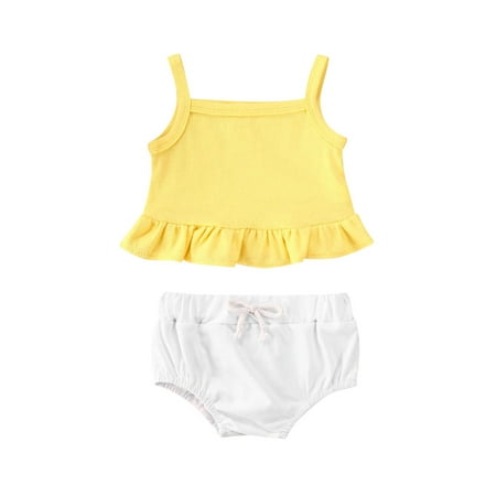 

AvoDovA Baby Girls Sleeveless Outfits Solid Ruffle Hem Tank Top Drawstring Shorts