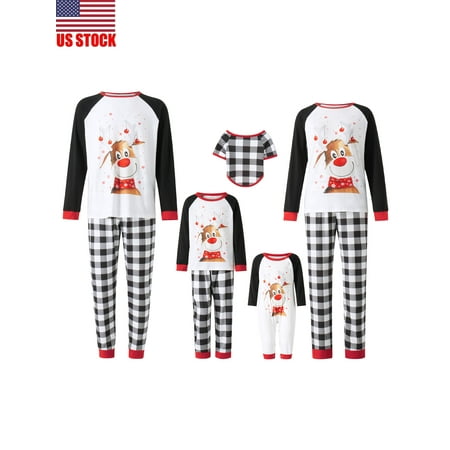 

Sunisery Family Matching Christmas Pajamas Sets Dog Clothes/Baby Romper/Elk Print Long Sleeve Shirt + Plaid Pants