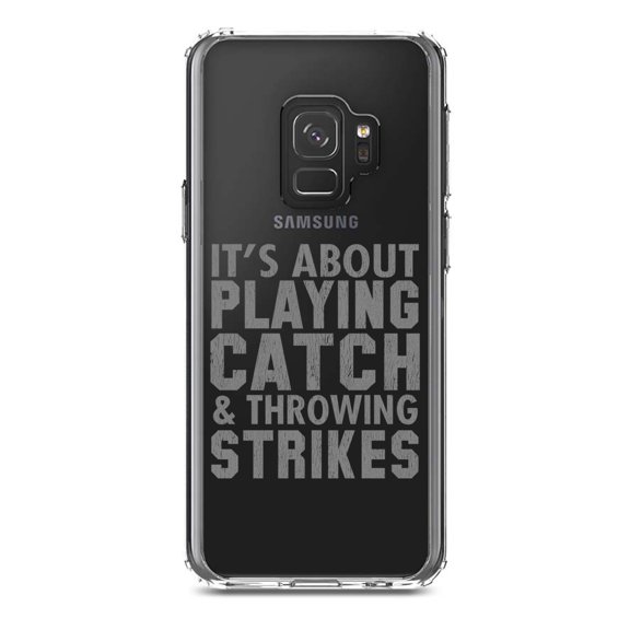 DistinctInk Clear Shockproof Hybrid Case for Samsung Galaxy S9 (5.8" Screen) - TPU Bumper Acrylic Back Tempered Glass Screen Protector - It's About Playing Catch & Throwing Strikes