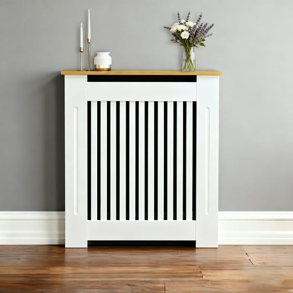 LUVODI Modern Slatted Vertical White Radiator Cover With Wood-grain Top Mdf Wood Grill Shelf