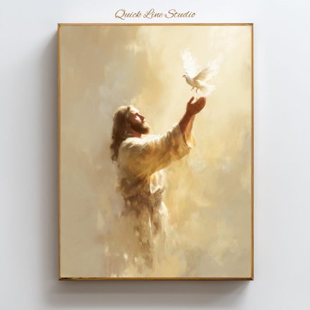 Divine Peace Wall Art Jesus And Dove Painting Heavenly Light Christian Decor Religious Spiritual Renewal Print UNFRAMED PAPER POSTER Home Decor Vintage Gift Living Room Dercor