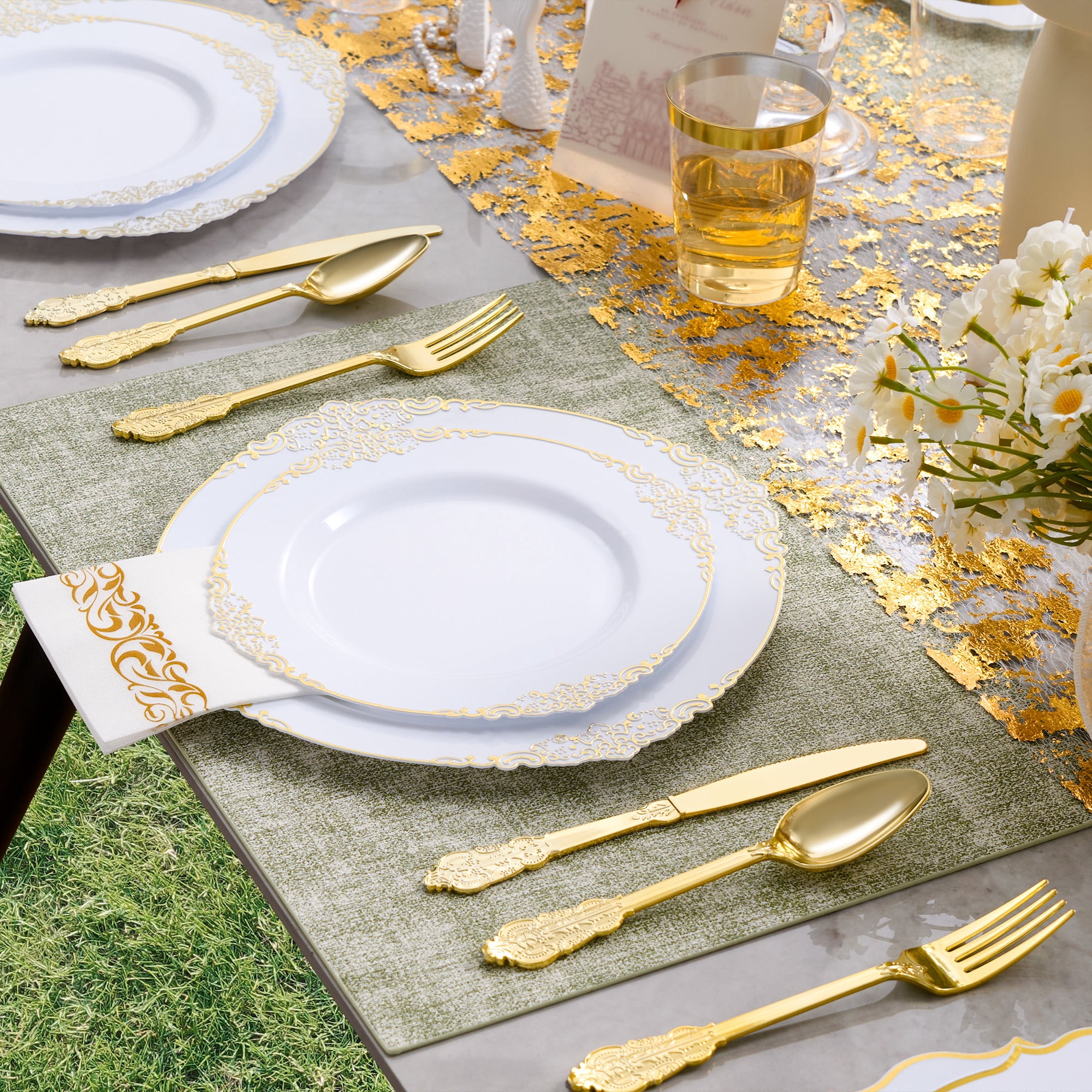 350Pcs Gold Plastic Plates Sets - Dinnerware Sets for 50 Guests,Decorative Plates for Festival Wedding Party