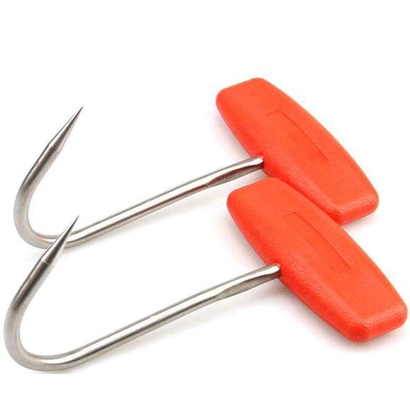 TIHOOD 2PcS Meat Hooks for Butchering,T Shaped Boning Hooks with Handle 6 inch Stainless Steel Butcher Shop Tool Kit (Orange x2)