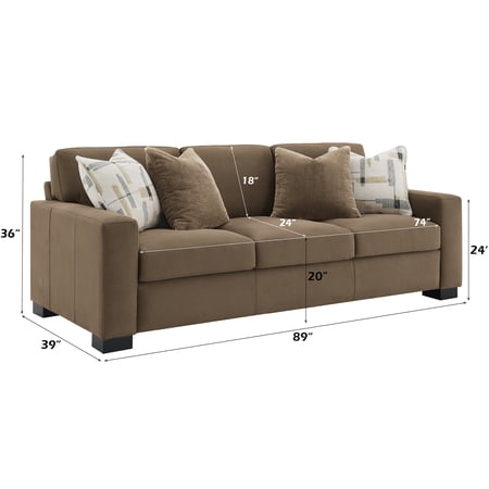 JERFIT 84 Inch Modern 3-Seater Sofa Couch for Living Room, Brown Faux Suede Fabric with Decorative Pillows, Comfortable Mid-Century Design