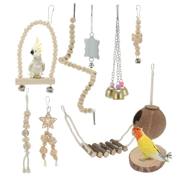 Juguetes para Cacatúa Interactivos de 9 Piezas de Bargains Únicos Juguetes para Loro Juguetes de Madera y Cuerda Accesorios para Jaulas de Periquitos Color Madera
