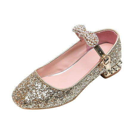 

Cathalem Girls Heels Big Kid Sliders Girls Grils Dress Shoes Wedding Party Open Toe Glitter High Heels for Little/Big Girls (Gold 29)