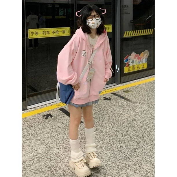 QWEEK-Sudadera con capucha y cremallera para mujer, suéter de lana de color rosa, estilo coreano, Y2K, japonés, Kawaii, Harajuku